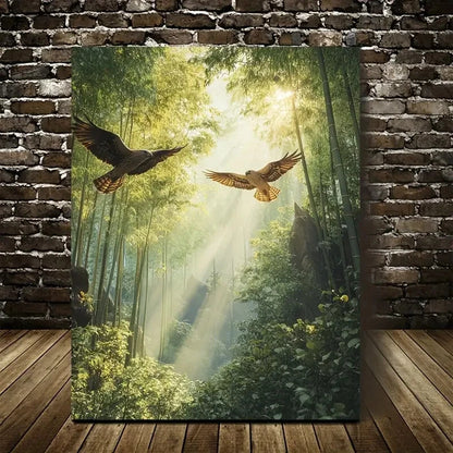 Hawk Scene In Bamboo Grove Sunbeams Shining Painting 40x60cm Metal Print Ready to Hang