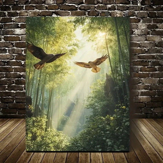 Hawk Scene In Bamboo Grove Sunbeams Shining Painting 40x60cm Metal Print Ready to Hang
