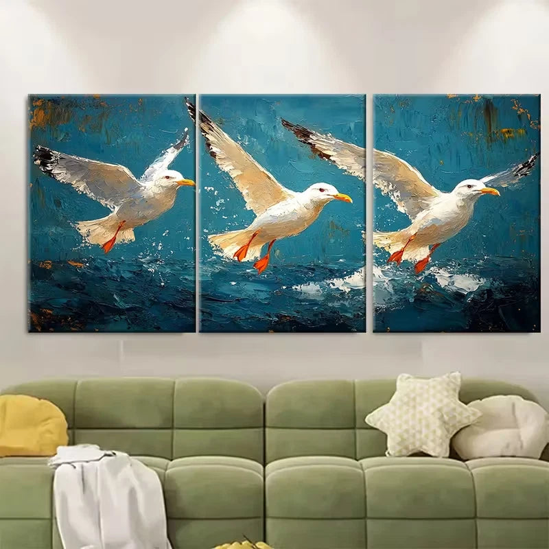 3pcs Seagull Oil Painting Birds Brushstroke Metal Print Ready to Hang Art