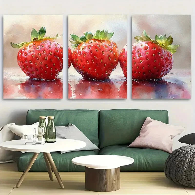 3pcs Vibrant Strawberry Watercolor Fruit Metal Print Ready to Hang Art