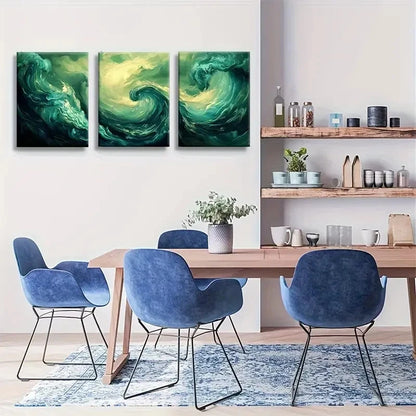 3pcs Abstract Green Swirl Ocean Dynamic Painting Metal Print Ready to Hang Art