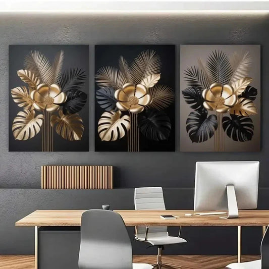 3pcs Golden Flowers Metallic Leaves Metal Print Ready to Hang Art
