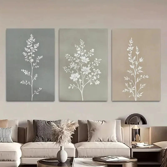 3pcs White Floral Silhouettes on Neutral Wall Art Metal Print Ready to Hang Art