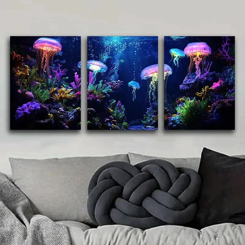 3pcs Oil Painting Sea Anemone Ocean Theme Metal Print Ready to Hang Art