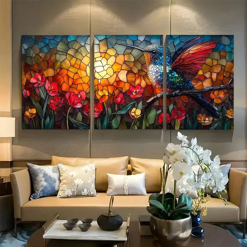 3pcs Vibrant Stained Glass Hummingbird Design Metal Print Ready to Hang Art