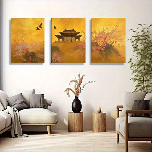 3pcs Oriental Architecture Blooming Cherry Blossom Metal Print Ready to Hang Art