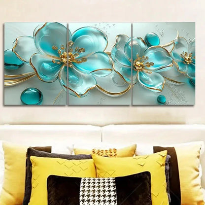 3pcs Turquoise Glass Flowers Colourful Metal Print Ready to Hang Art