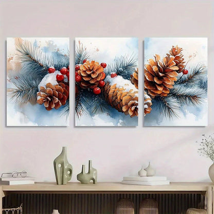 3pcs Snowy Pine Cones & Berries Metal Print Ready to Hang Art