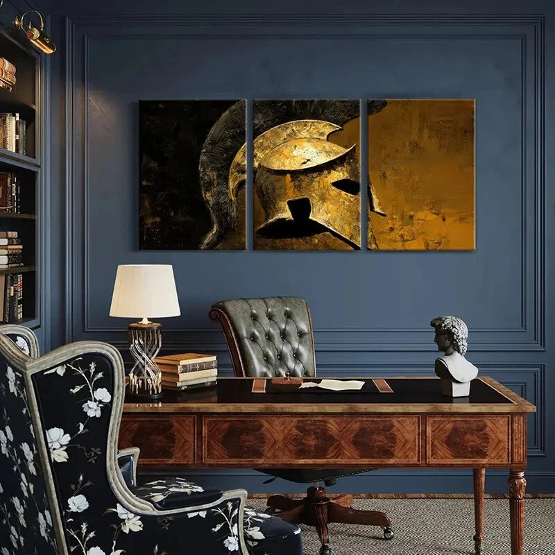3pcs Set of Vintage Golden Warrior Helmet Metal Print Ready to Hang Art