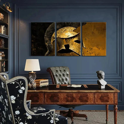 3pcs Set of Vintage Golden Warrior Helmet Metal Print Ready to Hang Art