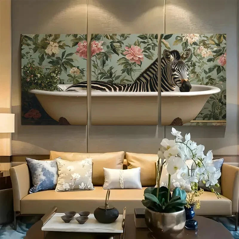 3pcs Zebra in Bathtub Metal Print Ready to Hang Art