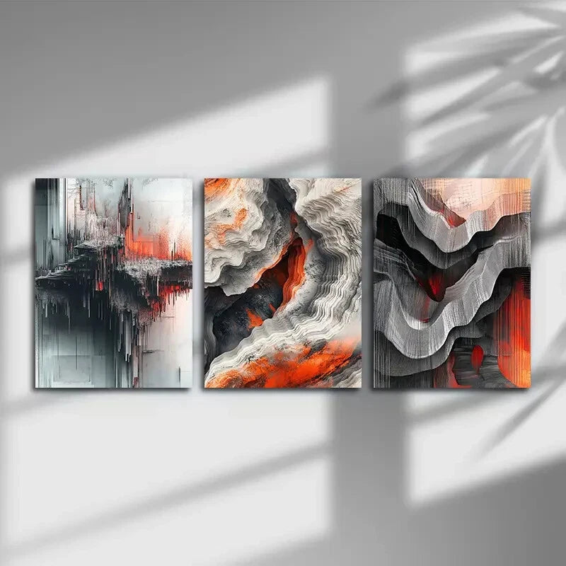 3pcs Rock Texture Gray &amp; Orange Metal Print Ready to Hang Art