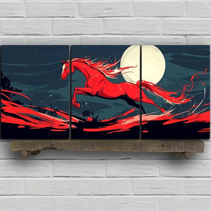 3pcs Horse Jumping Under Moonlight Red Themed Metal Print Ready to Hang Art
