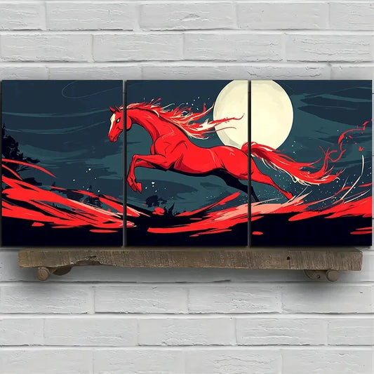 3pcs Horse Jumping Under Moonlight Red Themed Metal Print Ready to Hang Art