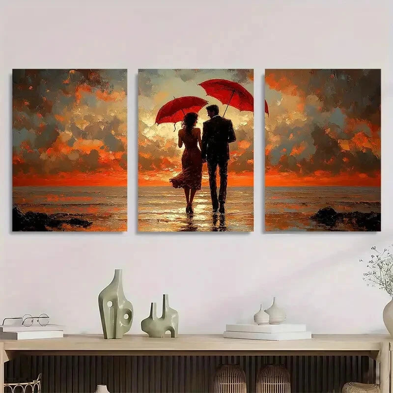 3pcs Romantic Umbrella Vibrant Sunset Beach Scene Metal Print Ready to Hang Art