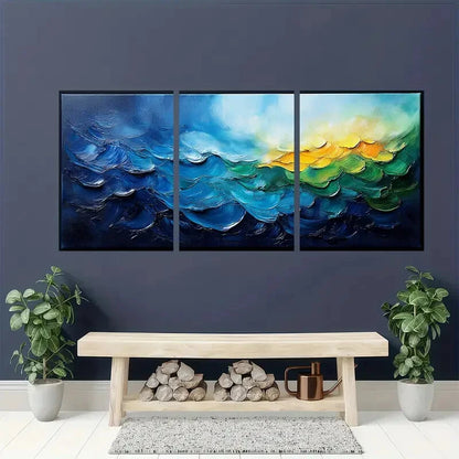 3pcs Abstract Ocean Wave Blue & Green Minimalist Metal Print Ready to Hang Art