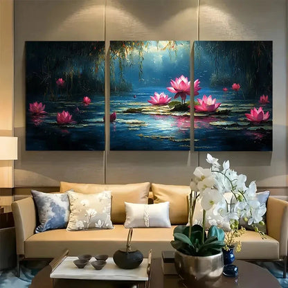 3pcs Lotus Pond Willow Lakeside Scene Metal Print Ready to Hang Art