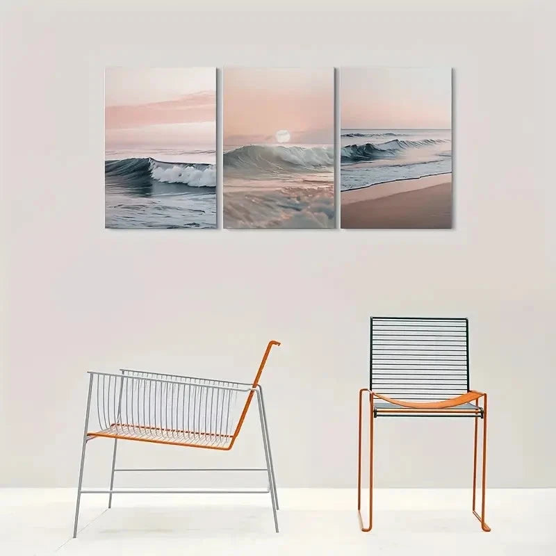 3pcs Beach Sunset Ocean Waves and Sky Metal Print Ready to Hang Art