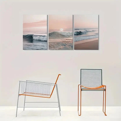 3pcs Beach Sunset Ocean Waves and Sky Metal Print Ready to Hang Art