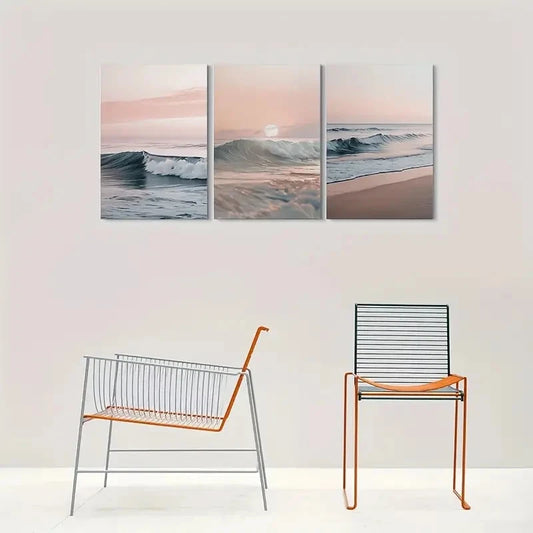 3pcs Beach Sunset Ocean Waves and Sky Metal Print Ready to Hang Art