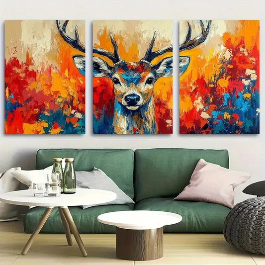 3pcs Elegant Deer Colorful Background Metal Print Ready to Hang Art