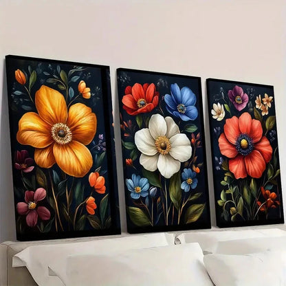 3pcs Art Set Dark Wildflower Floral  IO  Wall Art Set Canvas Framed 60x90cm - High Quality Print 100% Australian Made Wall Canvas Ready to Hang