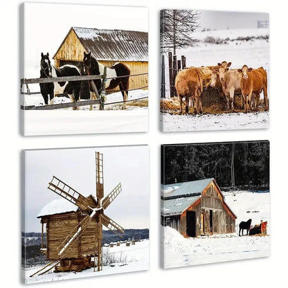 4pcs Rustic Old Barn Windmill Horses Cow Wall Art Canvas Framed