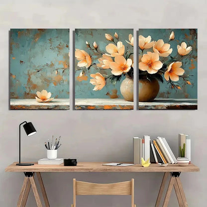 3pcs Elegant Beige Freesia Floral Serene Teal Metal Print Ready to Hang Art