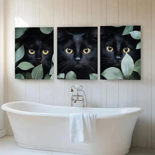 3pcs Mysterious Black Cat Feline Eyes Perfect Wall Art Set Canvas Framed 40x60cm - High Quality Print 100% Australian Made Wall Canvas Ready to Hang