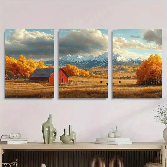 3pcs Herding Cattle Golden Trees Mountain Metal Print Ready to Hang Art