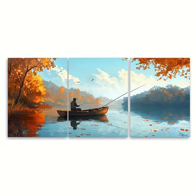 3pcs Wooden Boat Fisherman, Tranquil Water Scene Metal Print Ready to Hang Art