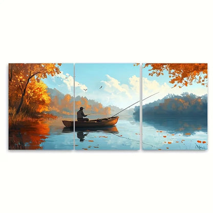 3pcs Wooden Boat Fisherman, Tranquil Water Scene Metal Print Ready to Hang Art