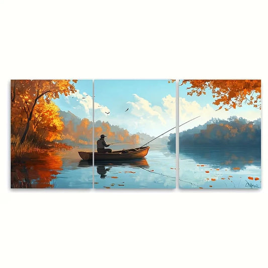 3pcs Wooden Boat Fisherman, Tranquil Water Scene Metal Print Ready to Hang Art
