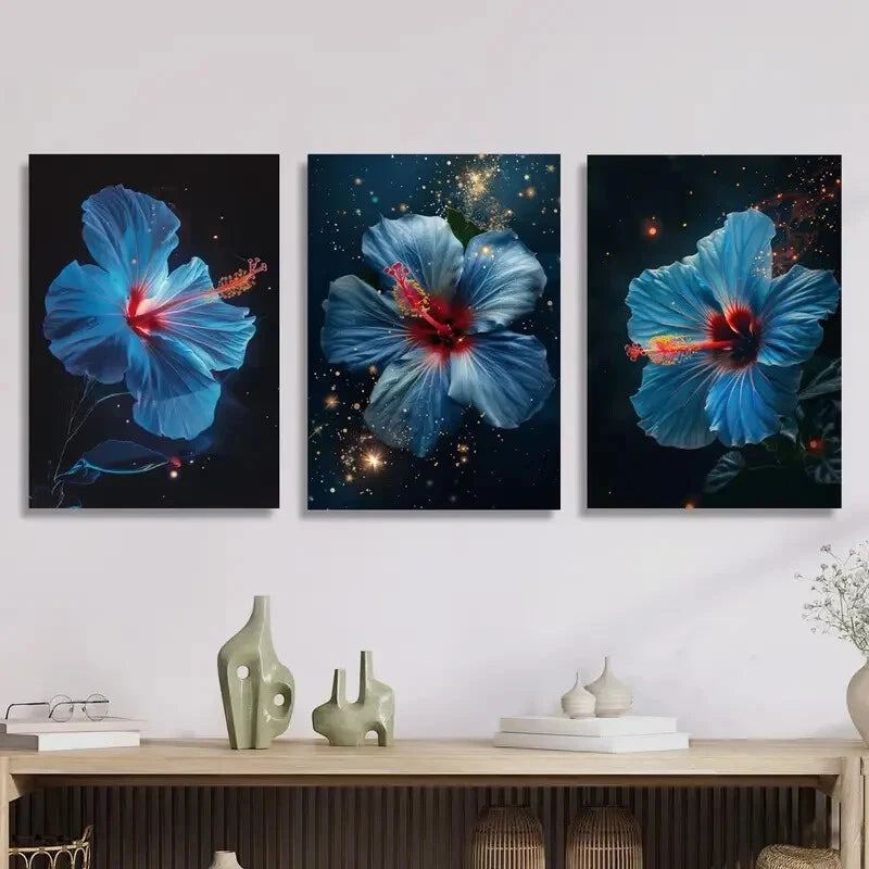 3pcs Hibiscus Flower Starry Night & Floral Accents  Metal Print Ready to Hang Art