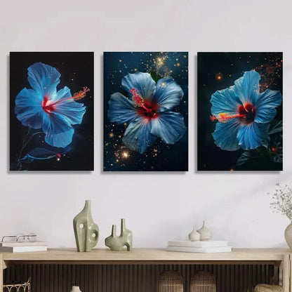 3pcs Hibiscus Flower Starry Night & Floral Accents  Metal Print Ready to Hang Art