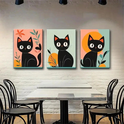 3pcs Adorable Black Cat Aesthetic Color Perfect Wall Art Set Canvas Framed 40x60cm - High Quality Print 100% Australian Made Wall Canvas Ready to Hang