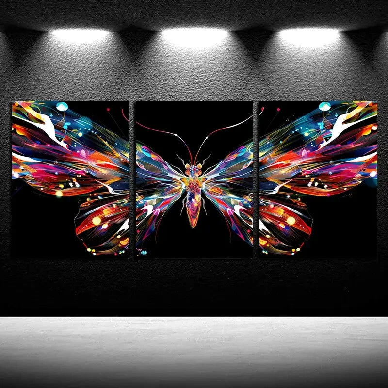 3pcs Vibrant Butterfly In Black Background Metal Print Ready to Hang Art