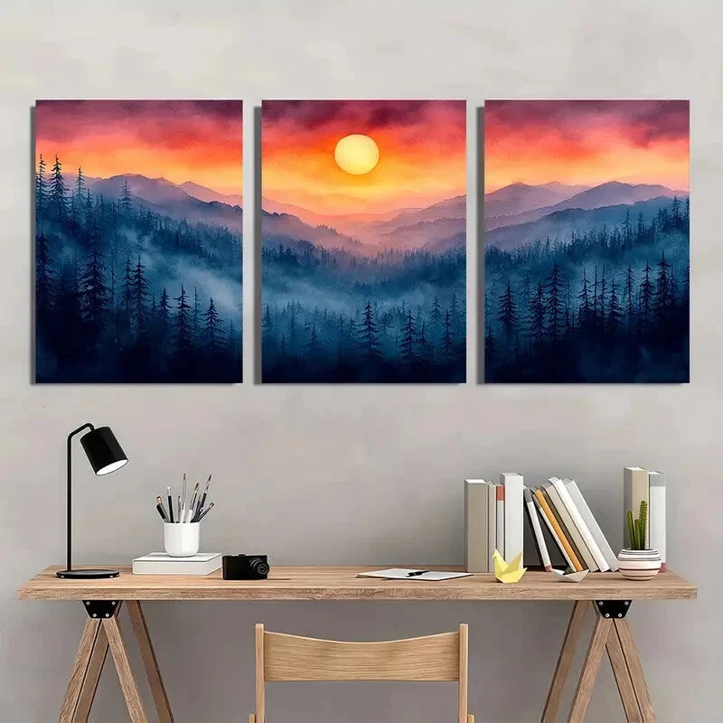 3pcs Watercolor Mountain Sunset Landscape Metal Print Ready to Hang Art