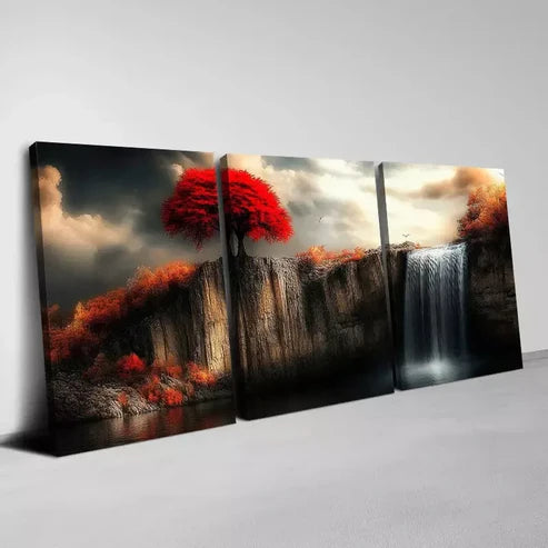 3pcs Red Tree On The Cliff with Waterfall Wall Art Canvas Unframed - High Quality Print 100% Australian Made Wall Canvas