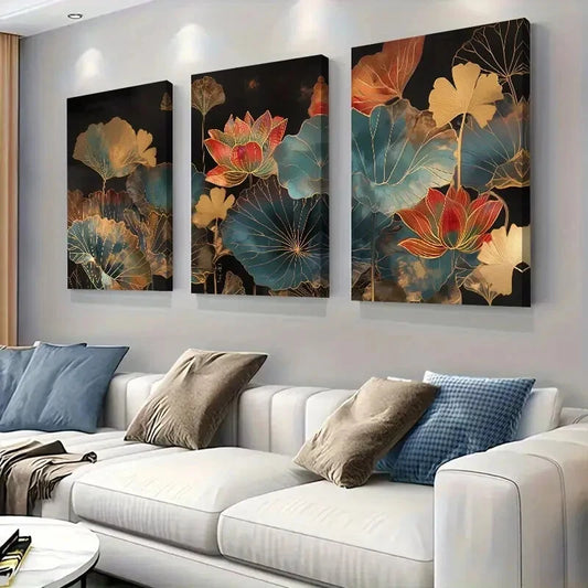 3pcs Black Background & Golden Lotus Flowers Wall Art Set Canvas Framed 40x60cm - High Quality Print 100% Australian Made Wall Canvas Ready to Hang