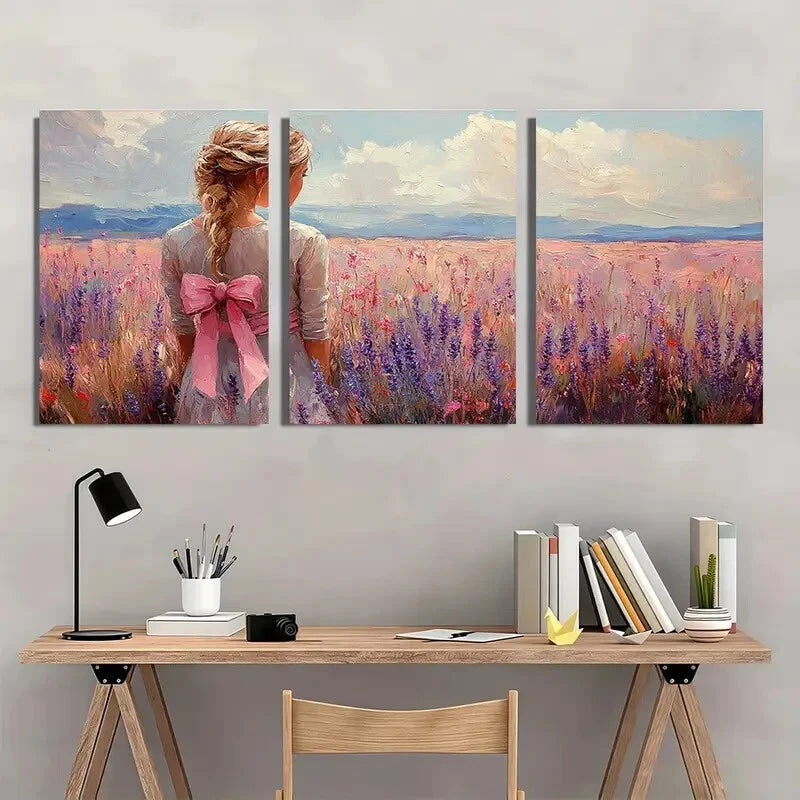 3pcs Pink Bow Art Wildflowers Bouquet Painting Metal Print Ready to Hang Art