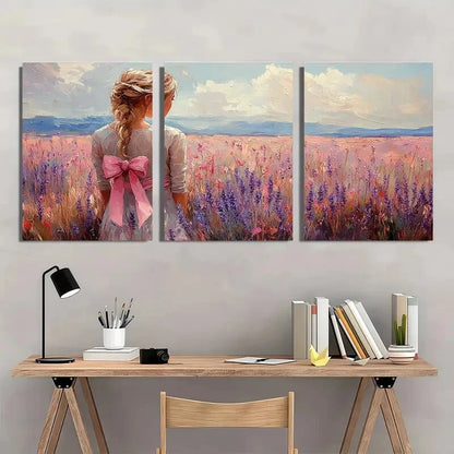 3pcs Pink Bow Art Wildflowers Bouquet Painting Metal Print Ready to Hang Art