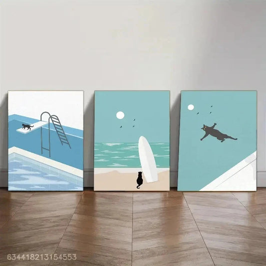 3pcs Cat Diving Swimming Suit is a Poster Metal Print Ready to Hang Art