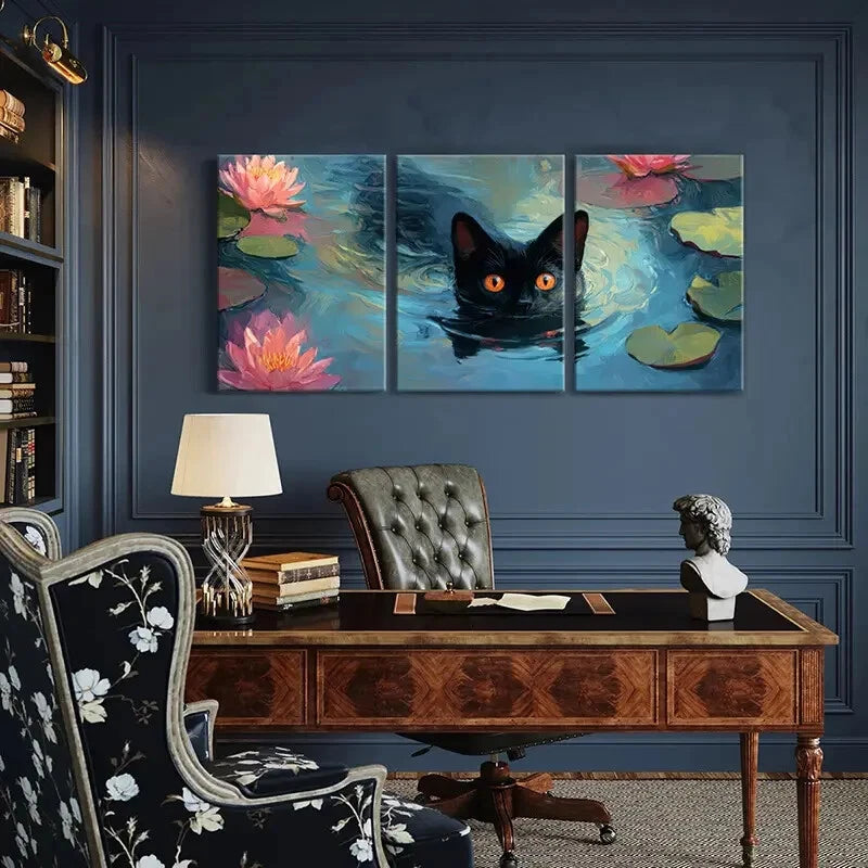 3pcs Black Cat Water Lilies Abstract Art Metal Print Ready to Hang Art