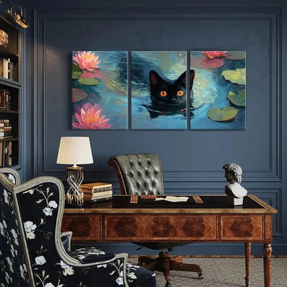 3pcs Black Cat Water Lilies Abstract Art Metal Print Ready to Hang Art