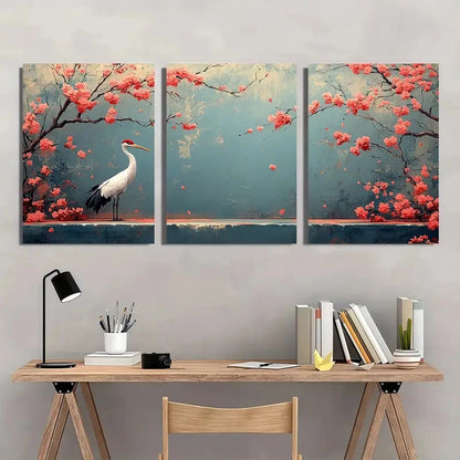 3pcs Japanese Cherry Blossoms & Crane Metal Print Ready to Hang Art