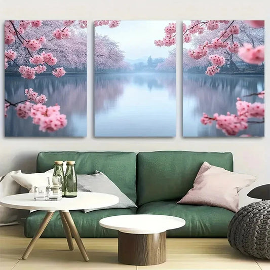 3pcs Cherry Blossom Trees and Tranquil Lake Design Metal Print Ready to Hang Art