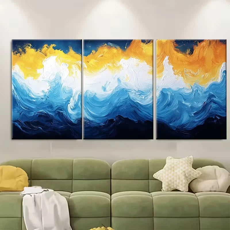 3pcs Abstract Blue Yellow White Metal Print Ready to Hang Art