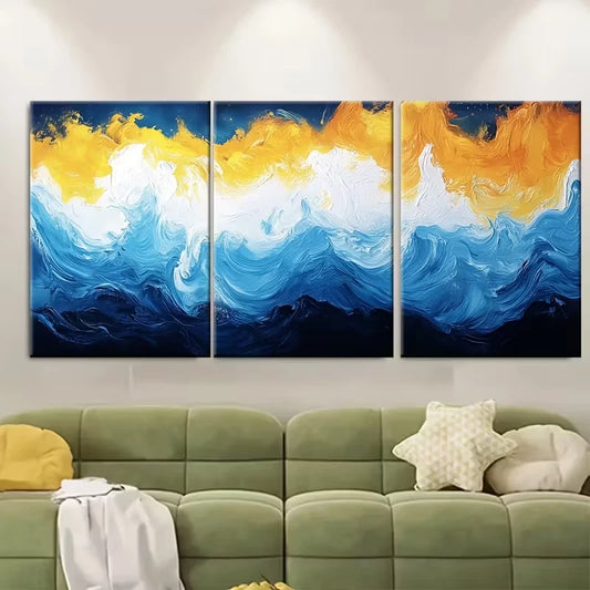 3pcs Abstract Blue Yellow White Metal Print Ready to Hang Art
