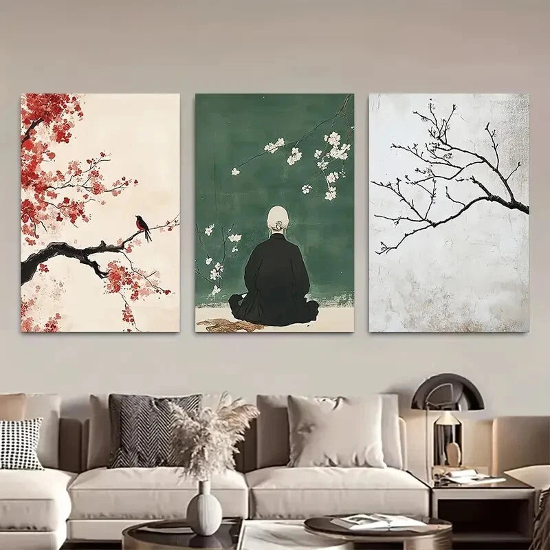 3pcs Minimalist Japanese Abstract Sakura Blossom Metal Print Ready to Hang Art